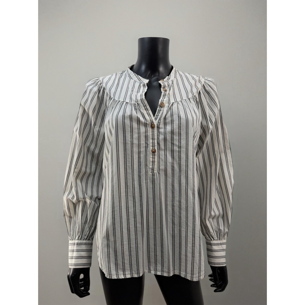 Old Navy Striped Popover Blouse 100% Cotton Long‎ Sleeve Shirt Women M